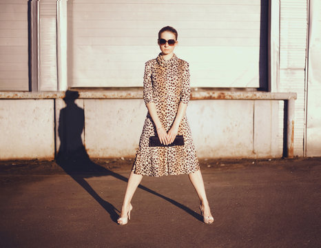Stylish woman in a leopard dress, glasses and bag in the ghetto