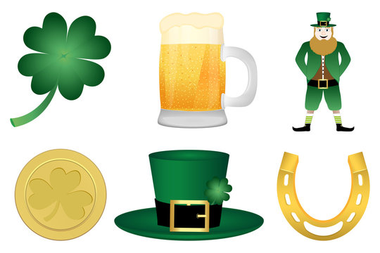 clover, hat, leprechaun, coins, beer mug, horseshoe