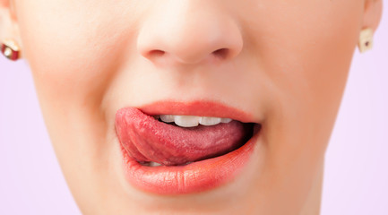 Beautiful woman red lips close up