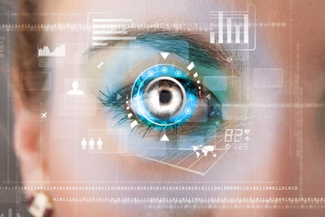 Future woman with cyber technology eye panel concept