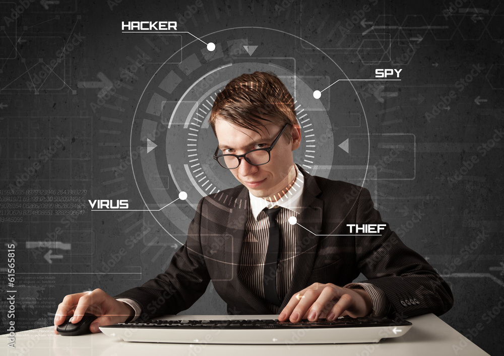 Poster young hacker in futuristic enviroment hacking personal informati