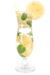 Glass of cocktail with lemon and mint isolated on white