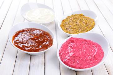 Various sauces on table close-up