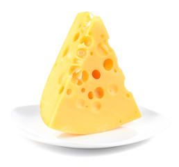 Piece of cheese on plate, isolated on white