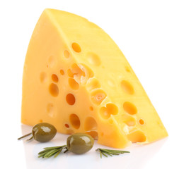 Piece of cheese with green olives, isolated on white