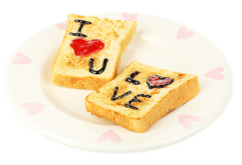 Delicious toast with jam on plate isolated on white