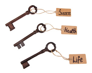Keys to happiness, Conceptual photo. Isolated on white