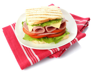 Tasty sandwich with ham, isolated on white