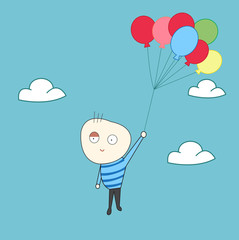 Happy kid fly with balloons