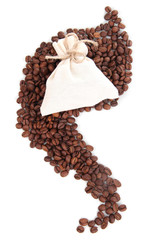 Coffee beans in sack, isolated on white