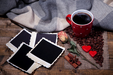 Composition with coffee cup, decorative hearts, plaid spices