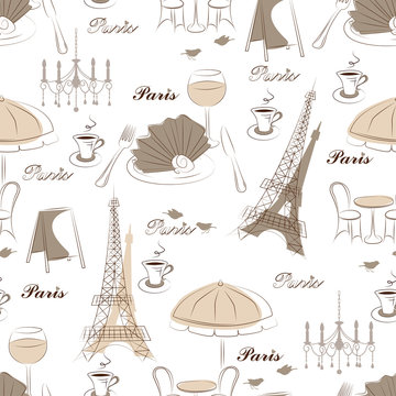 Stylish seamless pattern with eiffel tower , cafe and bird