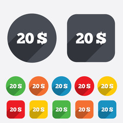 20 Dollars sign icon. USD currency symbol.