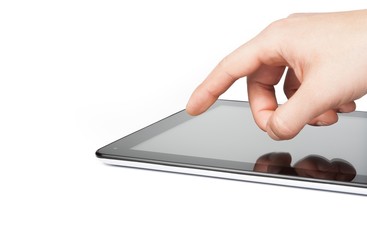 male hands using tablet pc on white background