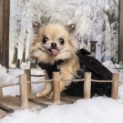 Chihuahua sticking the tongue, on a bridge in a winter scenery