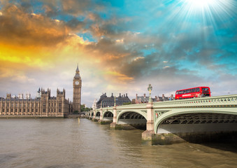 Red Double Decker Bus crossing Westminster Bridge