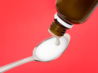 Liquid medicine dropping from a bottle on a spoon
