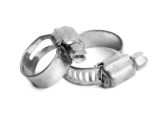 Two metal hose clamp isolated on white background