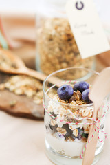 Healthy food: Homemade fresh yogurt with  blueberries and muesli