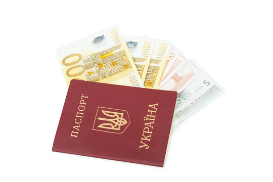 Euro banknotes in Ukrainian foreign passport
