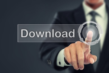 Businessman push to  Download button on virtual screen