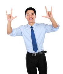 Portrait of happy successful gesturing businessman