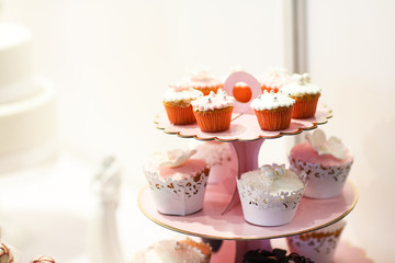 Wedding cake and cupcakes on event or reception party.
