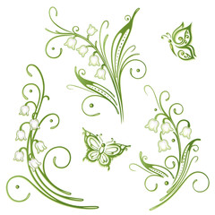 Maigl&ouml;ckchen mit Schmetterlingen. Fr&uuml;hling, Blumen, Vektor Set.