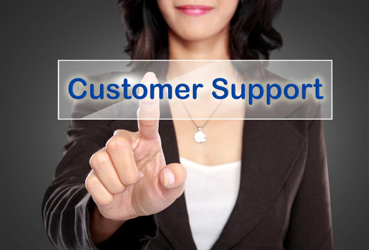Businessman push to  Customer support button on virtual screen