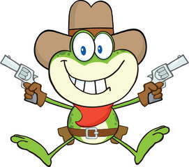 Cowboy Frog Cartoon Character Holding Up Two Revolvers