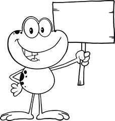 Black And White Cute Frog Character Holding Up A Wood Sign