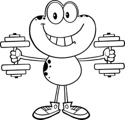 Black And White Smiling Frog Character Training With Dumbbells