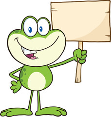 Cute Green Frog Cartoon Character Holding Up A Wood Sign