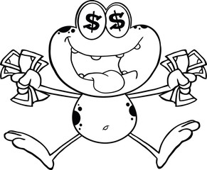 Black And White Crazy Frog Cartoon Character Jumping With Cash