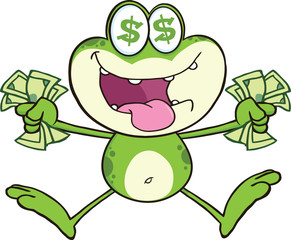 Crazy Green Frog Cartoon Character Jumping With Cash