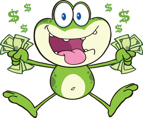 Crazy Green Frog Cartoon Character Jumping With Cash