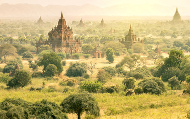 Ancient pagodas in Myanmar - Aerial view of Bagan valley