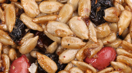 Close up of candied seeds and nuts.