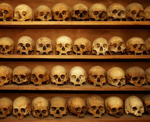skulls on a shelf in the tomb - obrazy, fototapety, plakaty