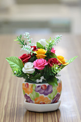 Flower pots with colorful roses.