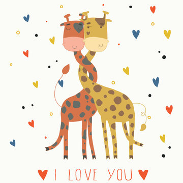 Illustration of giraffes in love. Card for Valentine's Day. 