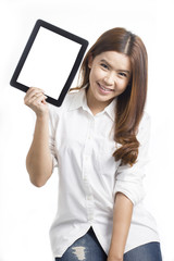 Fototapeta premium Portrait of Asian woman Blank screen tablet