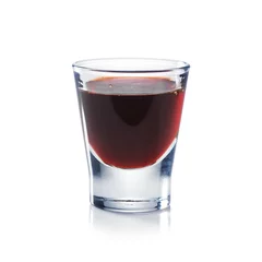 Room darkening curtains Alcohol Red berries liqueur is the shot glass isolated on white. Bar and