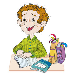 The boy does homework.