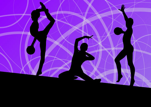 Active young girls calisthenics sport gymnasts silhouettes with