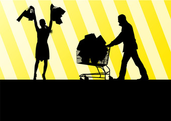 Women with shopping bags and man with shopping cart vector backg