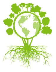Tree world globe ecology vector background concept with roots