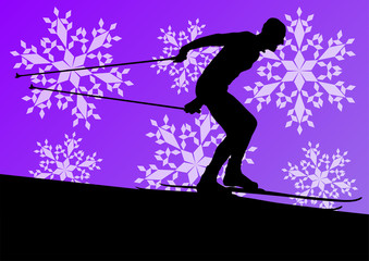 Active young man skiing sport silhouette in winter ice and snowf