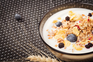 Plate of muesli with yogurt and fresh berries. Background