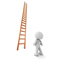3D Character Looking Up at Very Tall Ladder